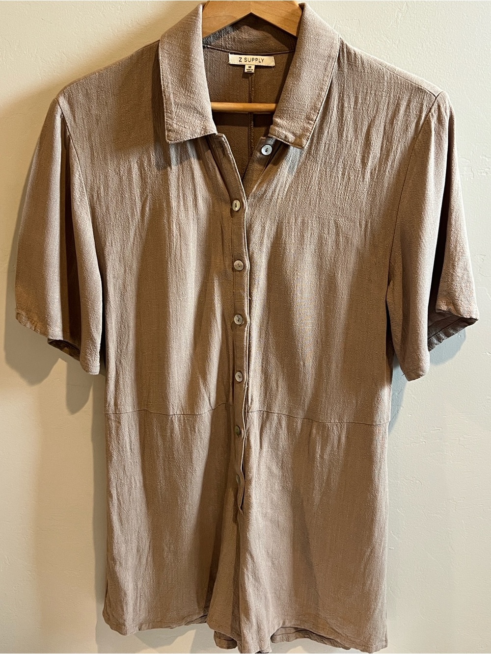 Z Supply Taupe Short-Sleeve Button-Front Romper